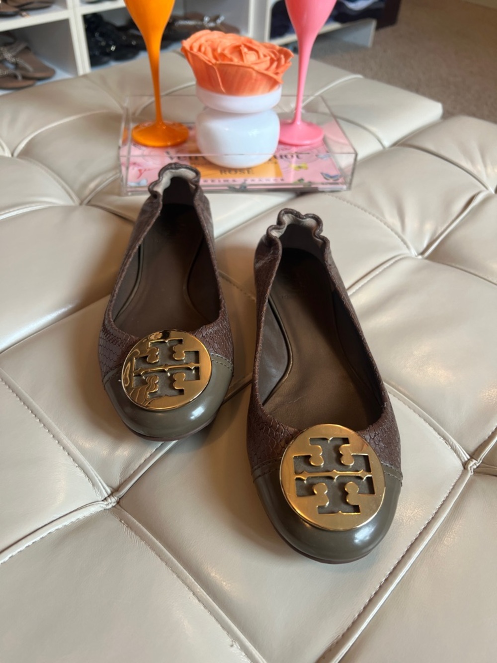Tory Burch Brown Logo Cap-Toe Ballet Flats with Gold Emblem